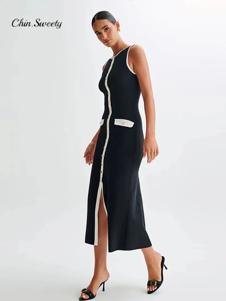 Fashionable Knitted Long Dress for Women Unique Comparison Sleeveless Single Chest ONeck Hip Set Womens Summer Robe 240809