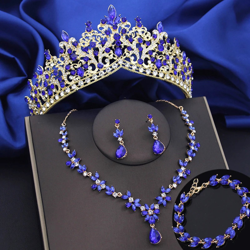 4-piece Lime Green Crown Jewelry Set Womens Fashion Tiaras Bracelet Earrings and Necklace Set Bridal Wedding Promotion Accessories 240805