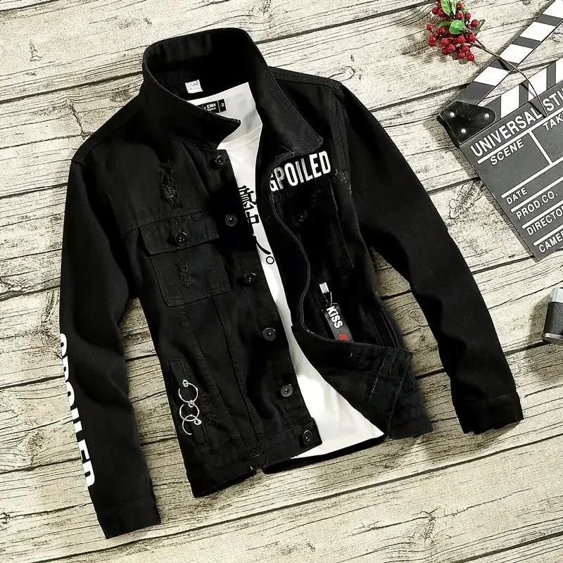 Denim Jackets Man Punk Ripped Jeans Coat for Men Slim Fit with Print Hole Winter Price Stylish on Board Fast Delvery 240816