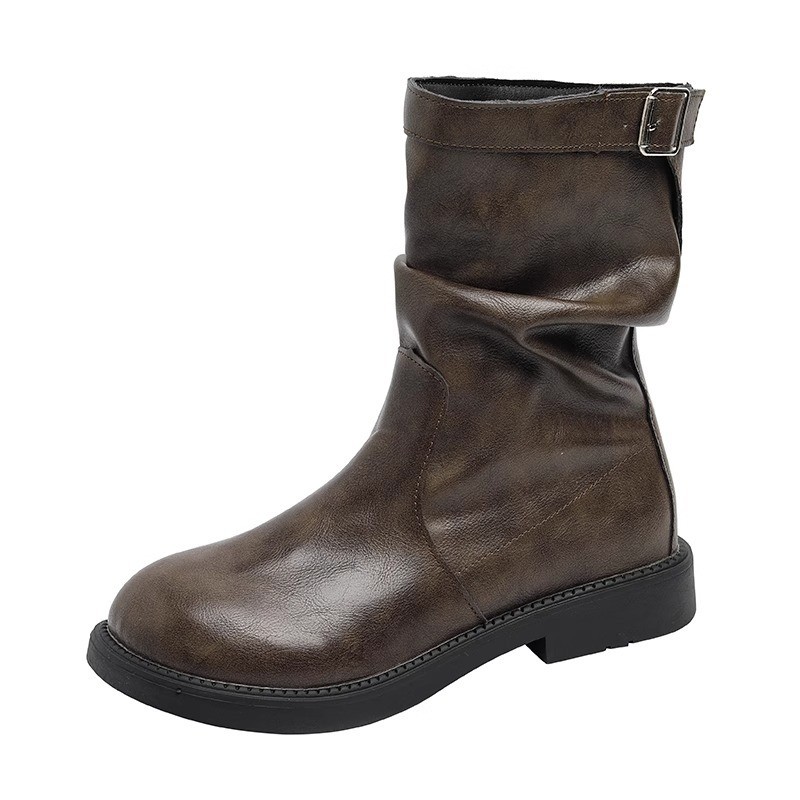 Korean Style Spring/Autumn Brown Round Toe Pleated Mid Calf Martin Boots.