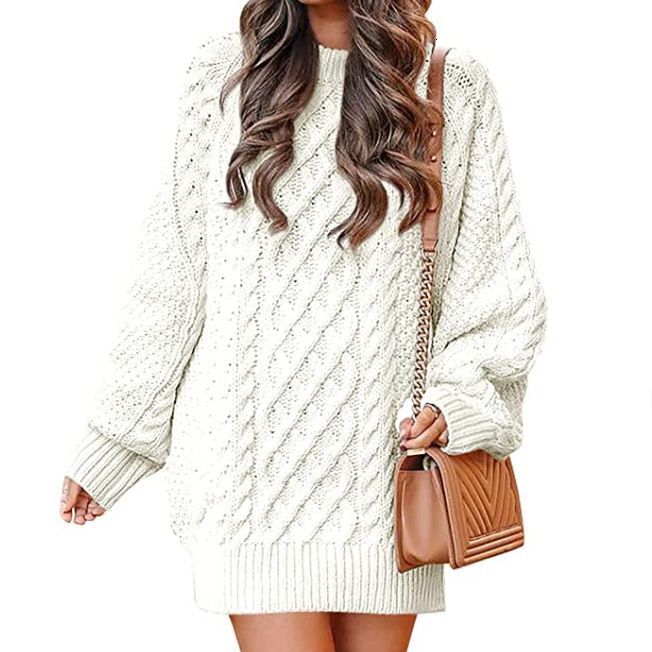 Women's round neck long sleeved large silhouette twisted flower knitted thick needle pullover, medium length warm sweater, women's dress don