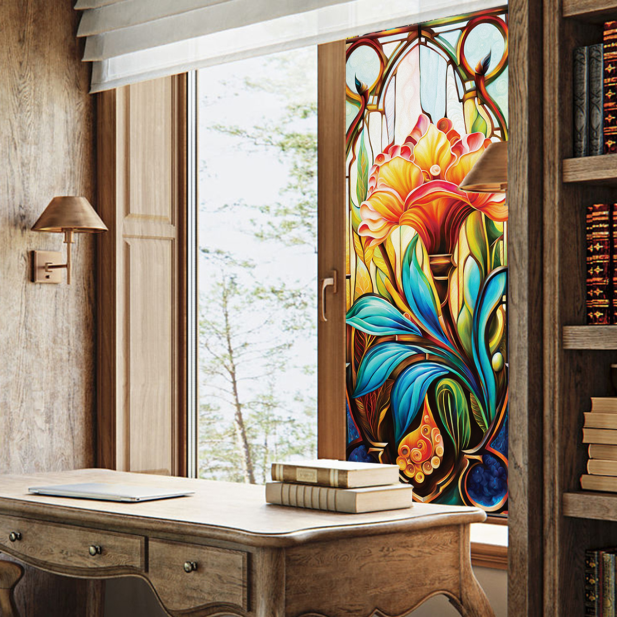 Cross border personalized flowers colored glass film adhesive free insulation static electricity window flowers home bedroom bathroom windows