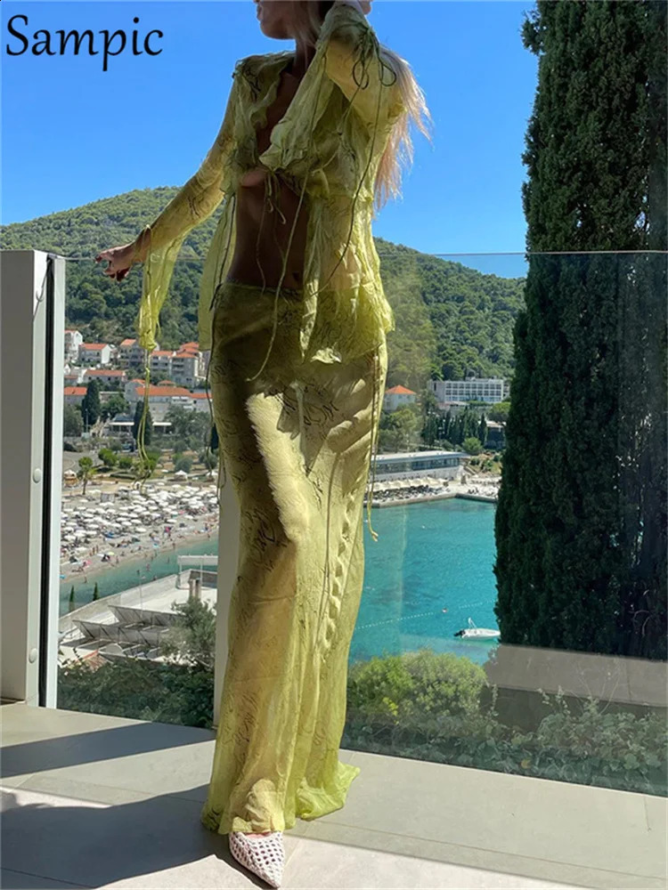 Sampic Print Y2K Mesh Long Sleeve Top Shirts Green And Maxi Skirt Bodycon Sexy Two Piece Sets Beach Outfits Women Club 240810