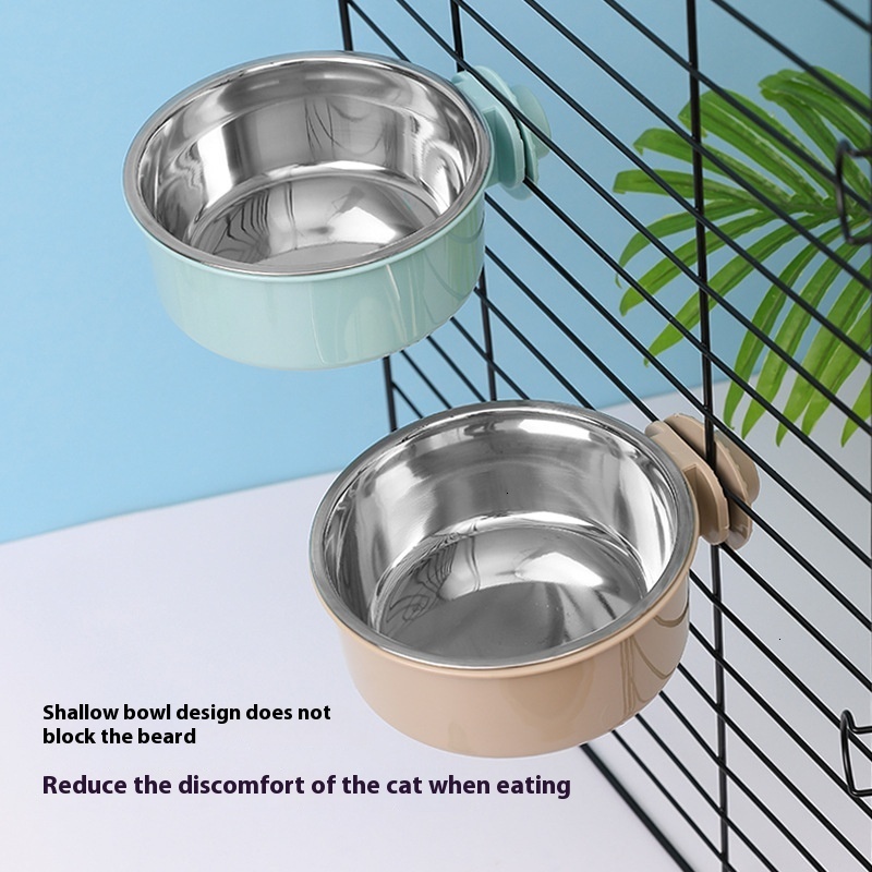 Hanging stainless steel pet bowl, cat bowl, anti knock, thickened fixed dog bowl, feeding and drinking water hanging bowl