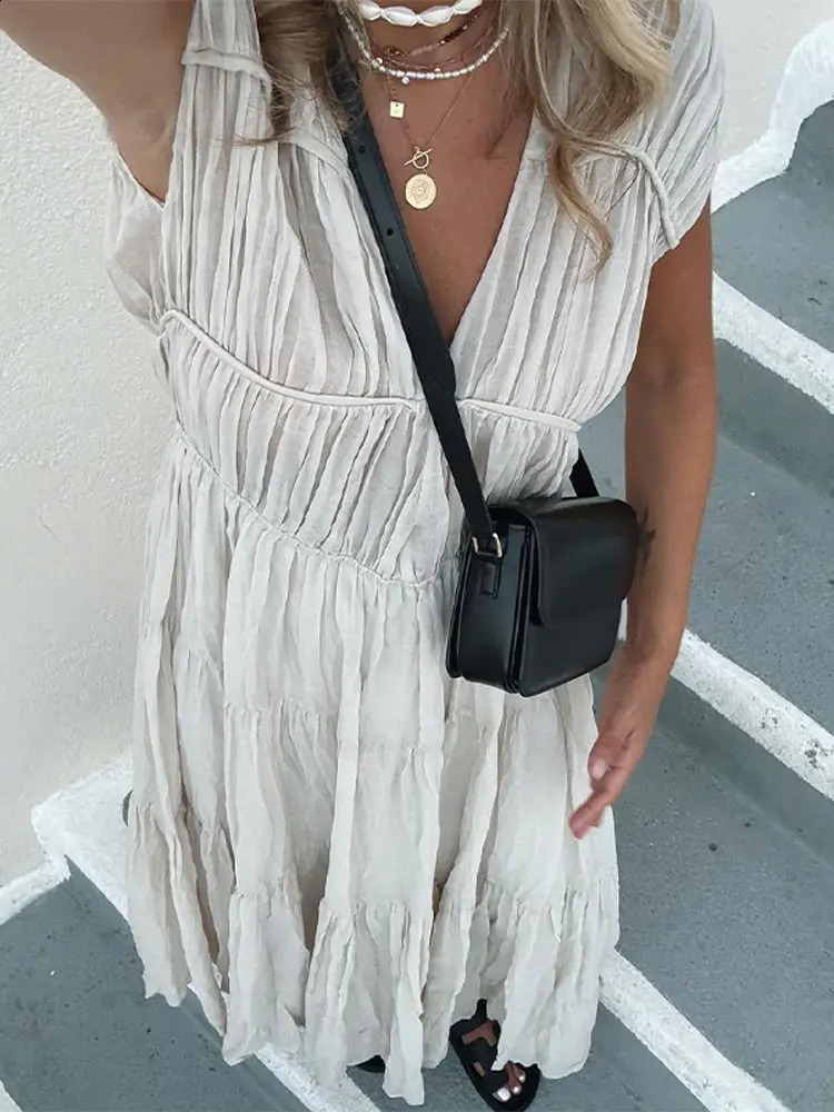Elegant Solid Round Neck Patchwork Pleated Maxi Dress Chic High Waisted Short Sleeve A-line Hem Robes Summer Lady Casual Dresses 240822