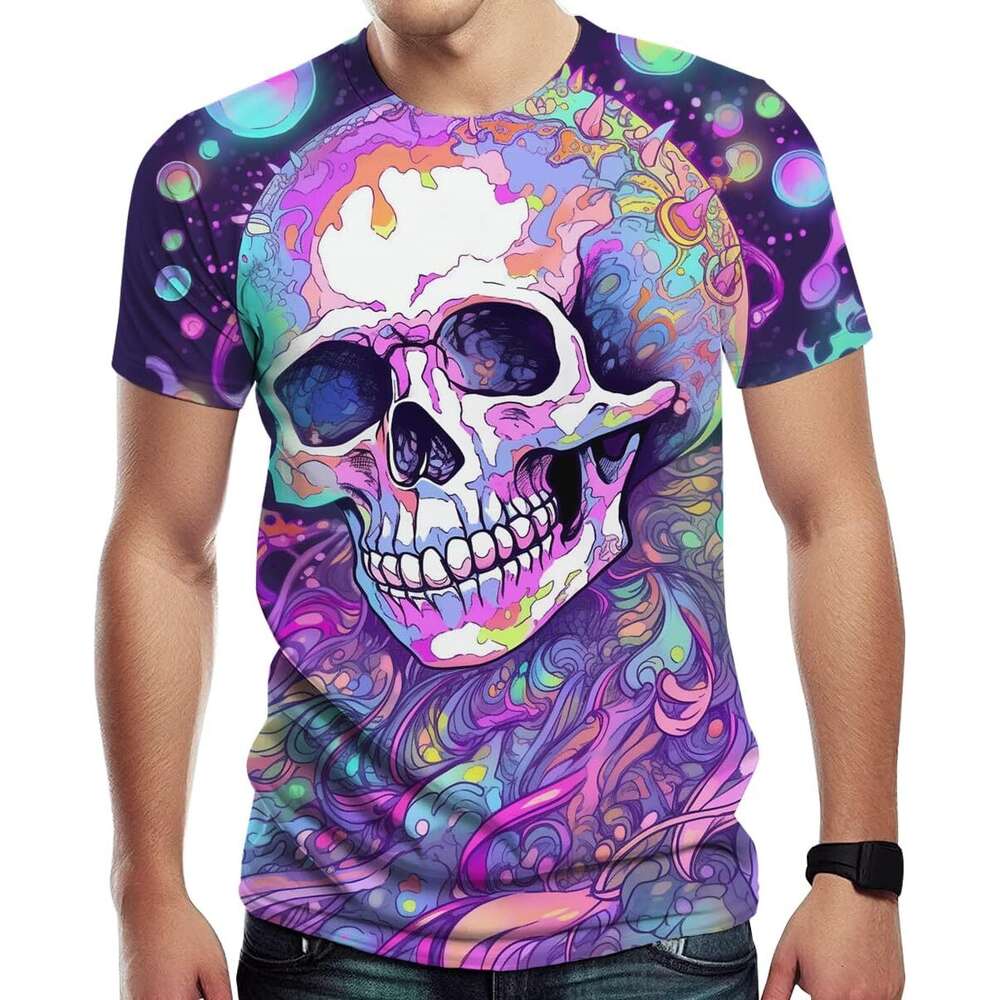 Halloween Mens T shirt Trippy Colorful 3D Printed Shirt Funny Floral Skull Short Sleeve T-Shirt shirts tshirt graphic tee Casual tops summer clothes S