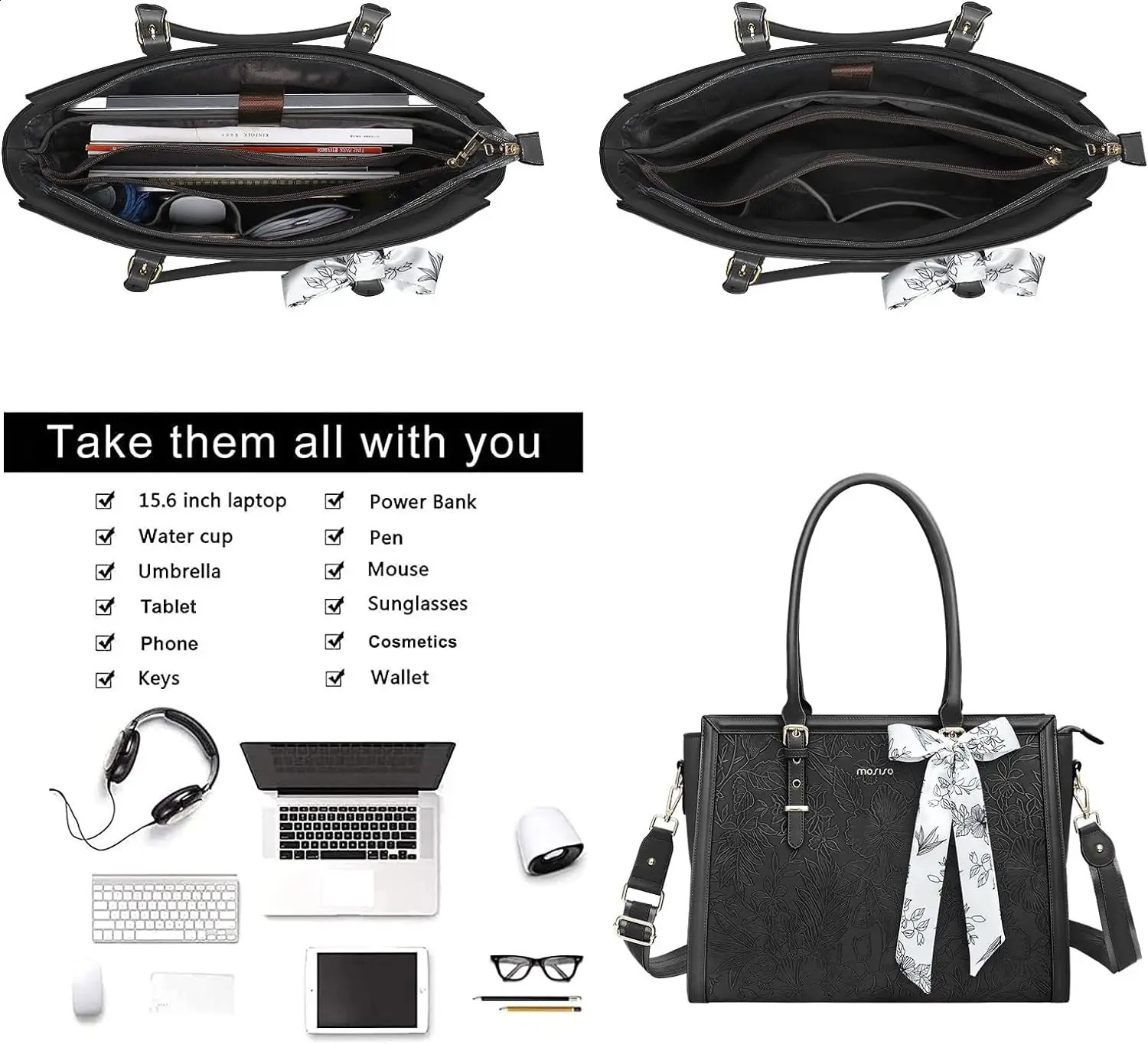 PU Leather Tote Bag 15 16 173 inch for Women MacBoo M3 HP Dell Asus Notebook Front Embossed Retro Hibiscus Computer Laptop 240809