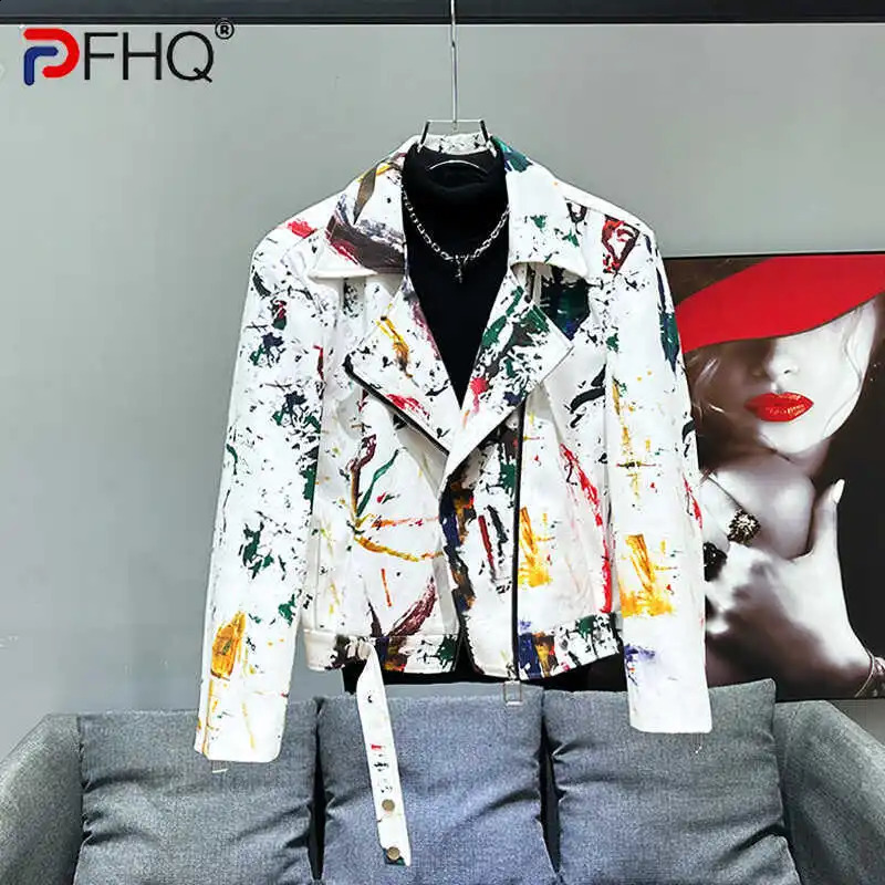 PFHQ Mens Graffiti Print Jackets Fashionable Splashing Ink Zipper Motorcycle Personality Advanced Cool Summer Male Coat 21Z4337 240810