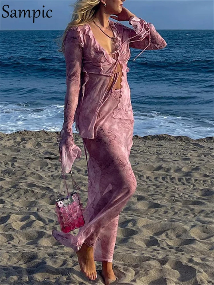 Sampic Print Y2K Mesh Long Sleeve Top Shirts Green And Maxi Skirt Bodycon Sexy Two Piece Sets Beach Outfits Women Club 240810