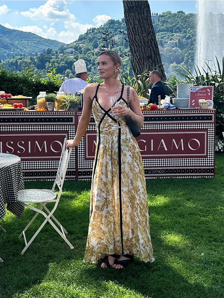 Women Sexy Print Patchwork Sling Dress Fashion V-neck Backless Sleeveless Maxi Dresses Summer Lady Party A-line Robes 240810