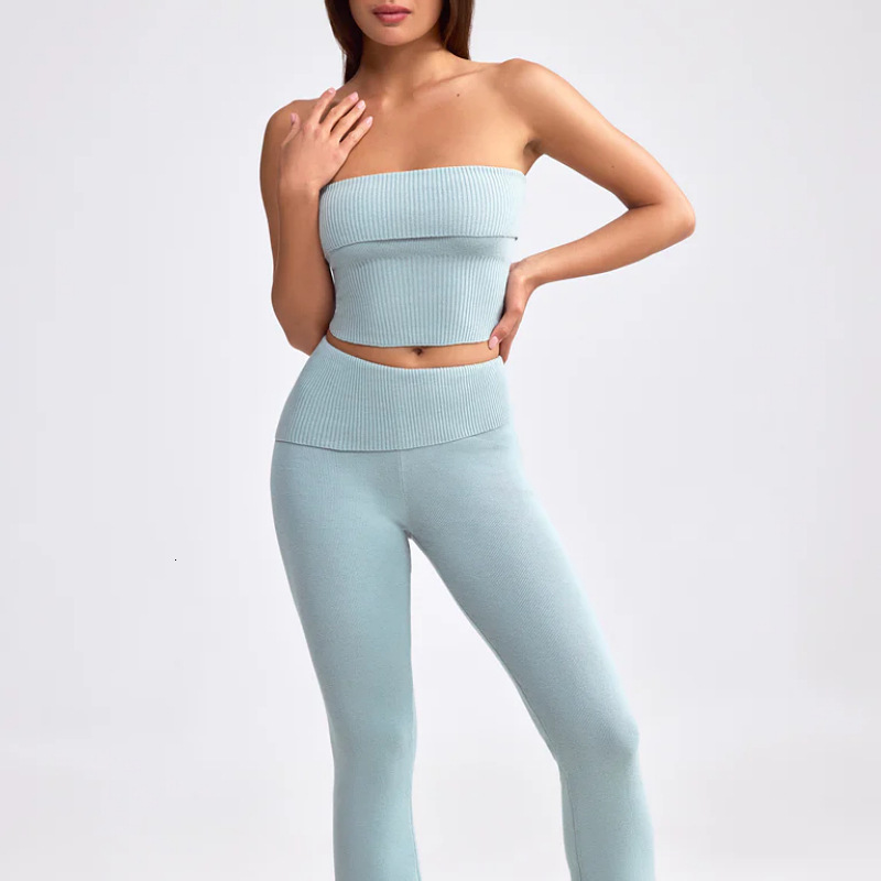 New Spicy Girl Womens Summer Suit Strapless Top Flared Pants Yoga Suit Two-piece Set for Women