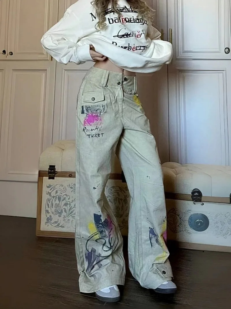 American Graffiti Print Wash Wide Leg Jeans Woman Retro Streetwear Hip Hop Loose Casual Fashion Street High Waist Straight Jeans 240810