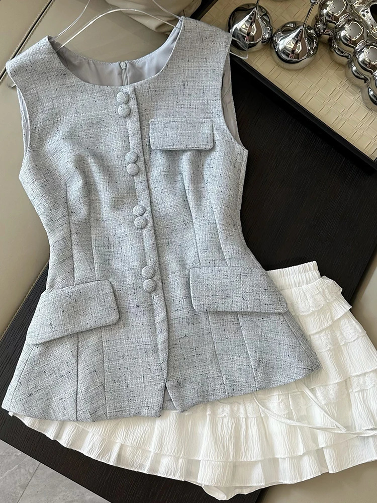 Summer Women Old Money Birthday Aesthetic Office Lady Suit Outfits 2 Piece Set Vintage Tank Top Vest Ballet Core Mini Skirts 240810