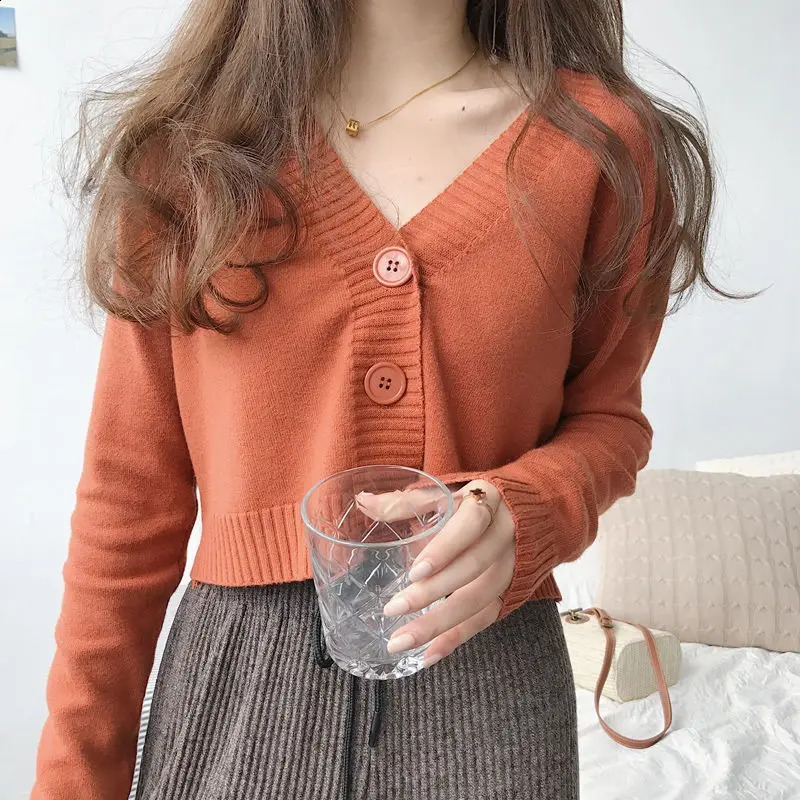 Women's Knits Tees Knitted Cropped Cardigan Women Korean Short Sweater Long sleeve Crop Top V neck Fashion Y2k Clothes Green Blue 230224