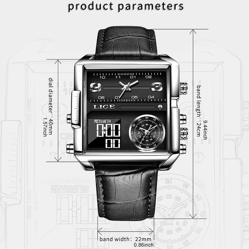 LIGE new dual display electronic watch men's waterproof timing code watch multifunctional leather strap watch