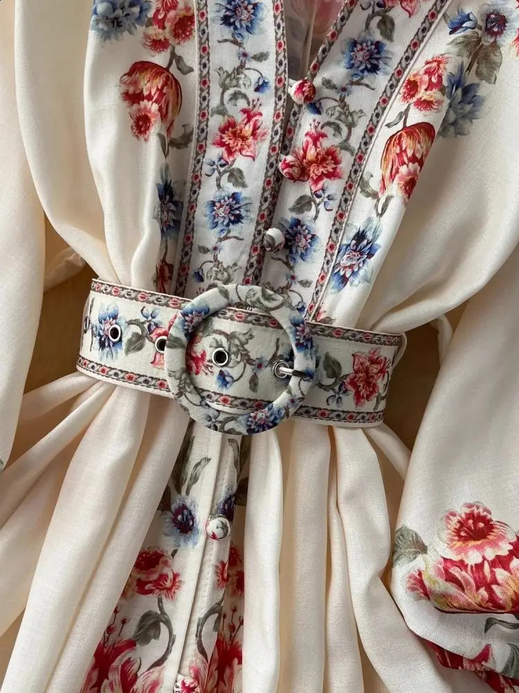 Autumn Floral Short Cotton Linen Dress Women V Neck Long Lantern Sleeve Single Breasted Belt Beach Mini Print Vestidos 240810