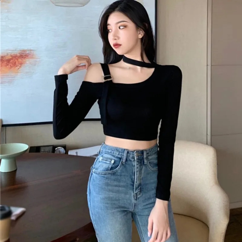 Sexy Fashion Korean Edition Irregular Hanging Neck Off Shoulder Sexy Slim Fit Off Navel Long sleeved T-shirt 240810