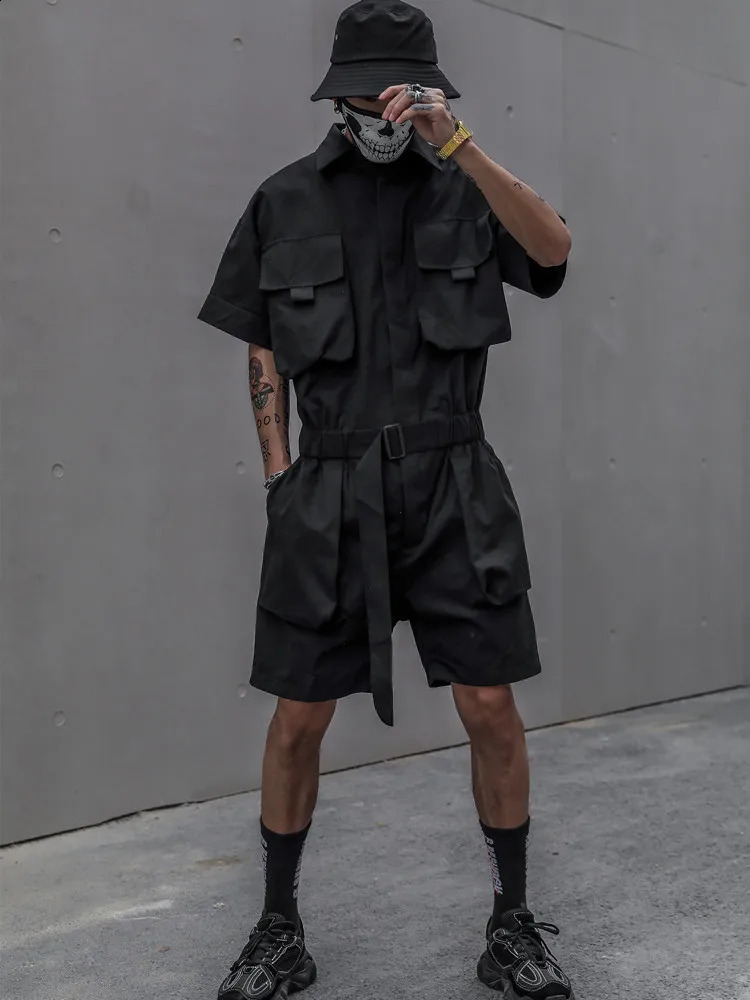 Houzhou Techwear mens short sleeved jumpsuit black bodysuit covering mens green mens Japanese streetwear summer pocket hip-hop240809 - view 7