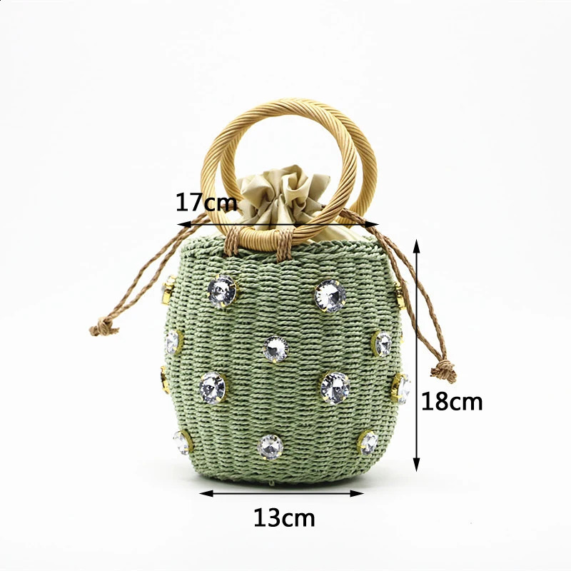 2023 Handmade Water Diamond Crystal Embossed Straw Bag Bucket Womens Travel Wallet Handbag Sac en Paille 240809Z
