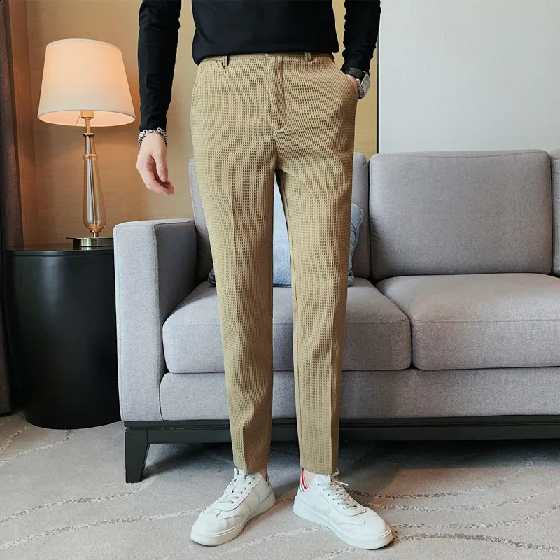 Suit Pants Autumn Winter Fashion Waffle Dress Pants For Men Clothing Business Casual Slim Fit Mens Formal Trousers High Quality 240810