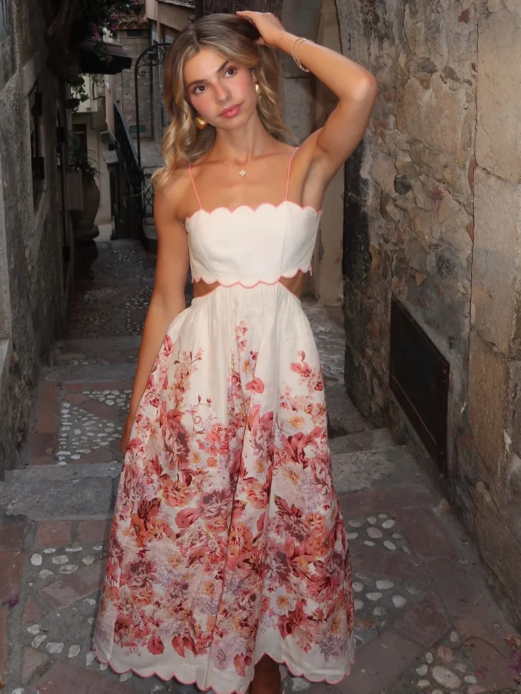 Elegant Print Hollow Out Sling Long Dress Women Sexy Sleeveless Backless Bandage Female Dresses Summer Lady Holiday Robes 240810