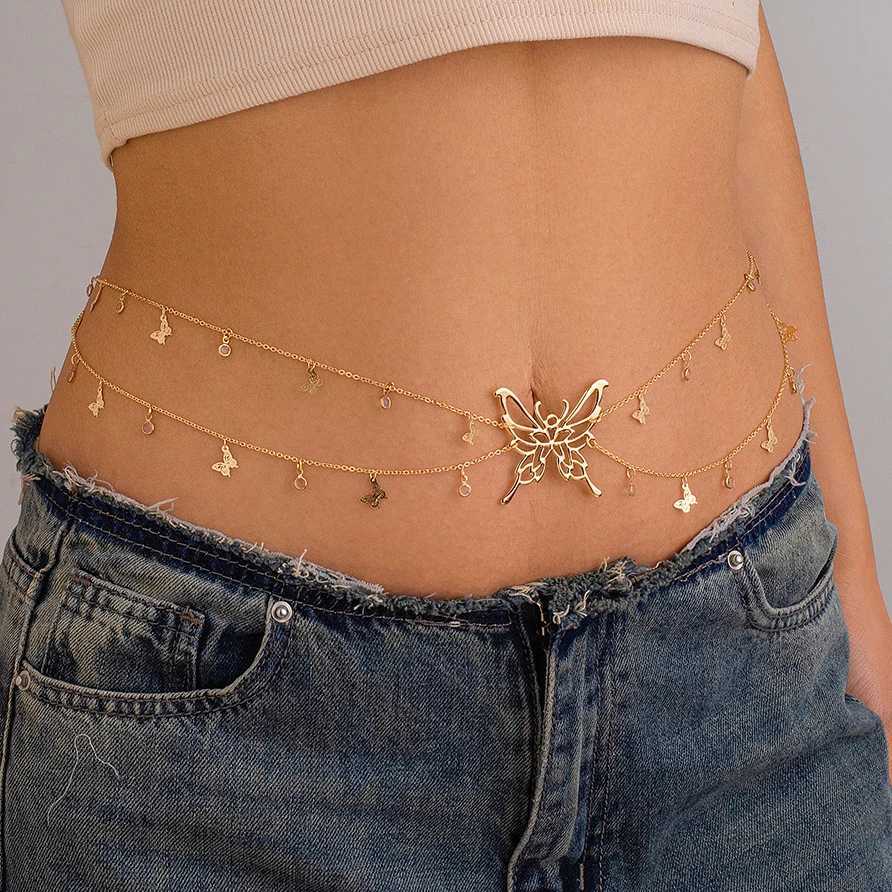 Ingemark Boho sexy hollow butterfly waist belly strap chain womens summer bikini crystal tassel pendant body jewelry gift W240809