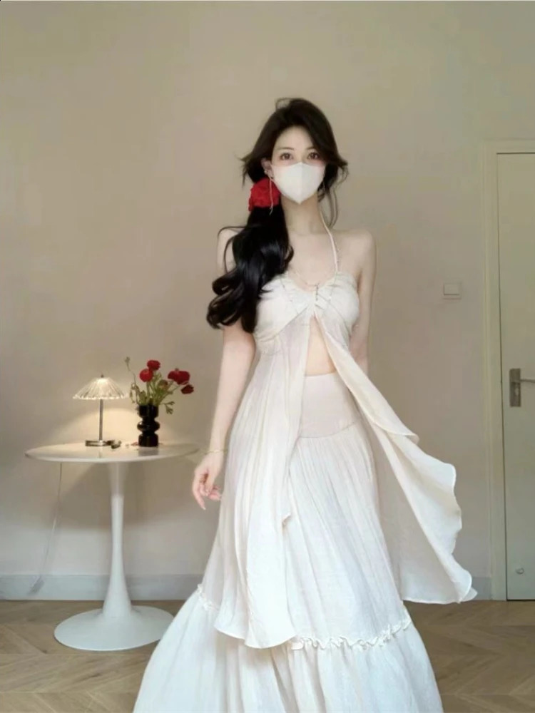 White 2 Piece Dress Sets Summer French Romance Elegant Halter Blouse Sweet Skirts Fairy Style Beach Party Aesthetic 240810