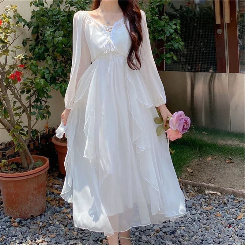 Summer Women Long Dress Suspender Ruffles Chiffon Fairy Dress White Apricot Korean Elegant Feminine Holiday Beach Party Dresses 240810