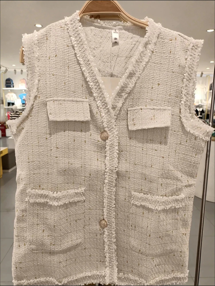 Korean Tweed Vest Jackets Oversized Sleeveless Coat Casual Chaleco Chaqueta Spring Summer Gilet Top Fashion Unlined Waistcoat 240810