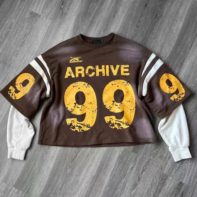 Summer loose letter printing oversized T-shirt retro Harajuku Y2K stitching long sleeve high street fashion clothing tops 240810
