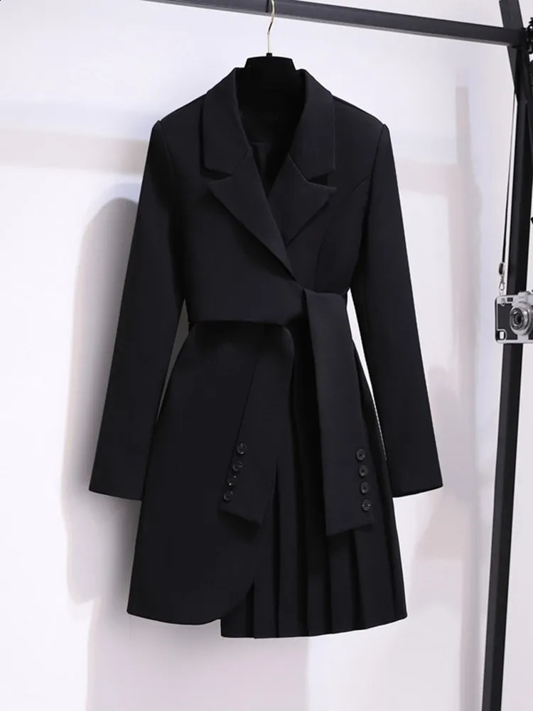 Autumn Office Sashes Bandage Waist Tie Blazer Dress Women Long Sleeve Notched Collar Pleated Irregular Mini Vestidos 240810