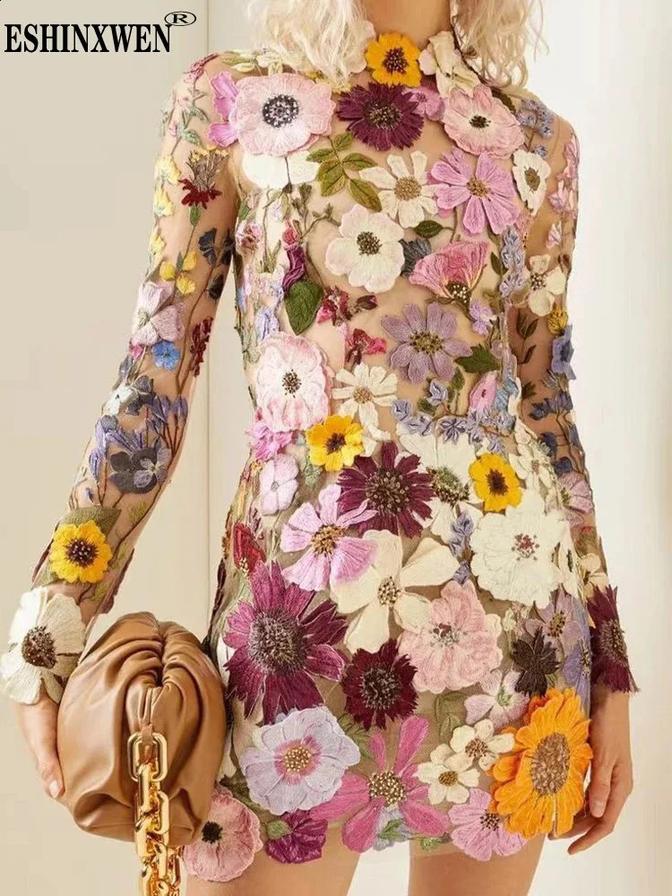 Eshin Floral Dress Women Autumn Embroidery 3D Flowers Long Sleeve Evening Party Lady Mini Dresses Half High Collar TH7796 240810
