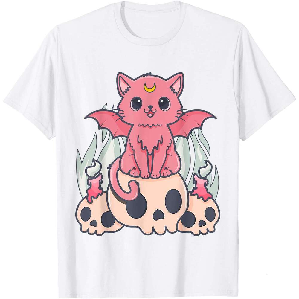 Halloween T shirt for Mens Kawaii Pastel Goth Cute Creepy Demon Cat and Skull Anime Art T-Shirt Shirts Tshirt Graphic Tee Casual Tops Clothes Short sl
