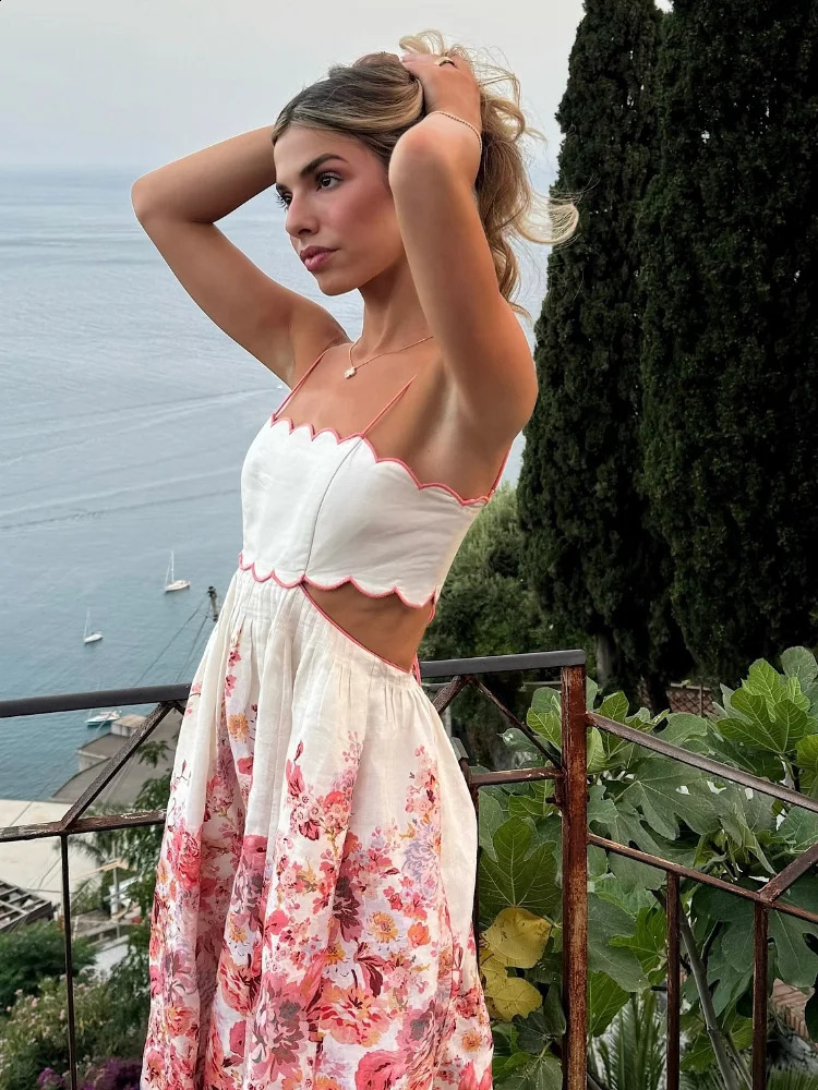 Elegant Print Hollow Out Sling Long Dress Women Sexy Sleeveless Backless Bandage Female Dresses Summer Lady Holiday Robes 240810