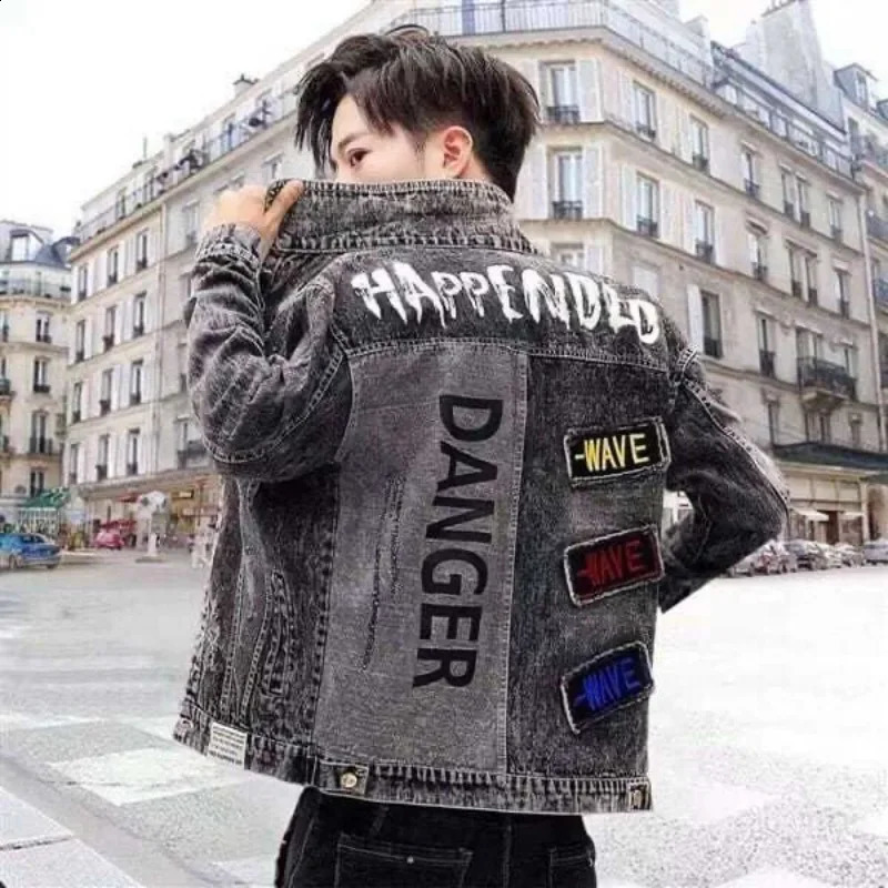 Button Hip Hop Casual Slim Short Autumn with Print Denim Jackets Man Black Gray Jeans Coat for Men on Board High Quality Fashion 240816