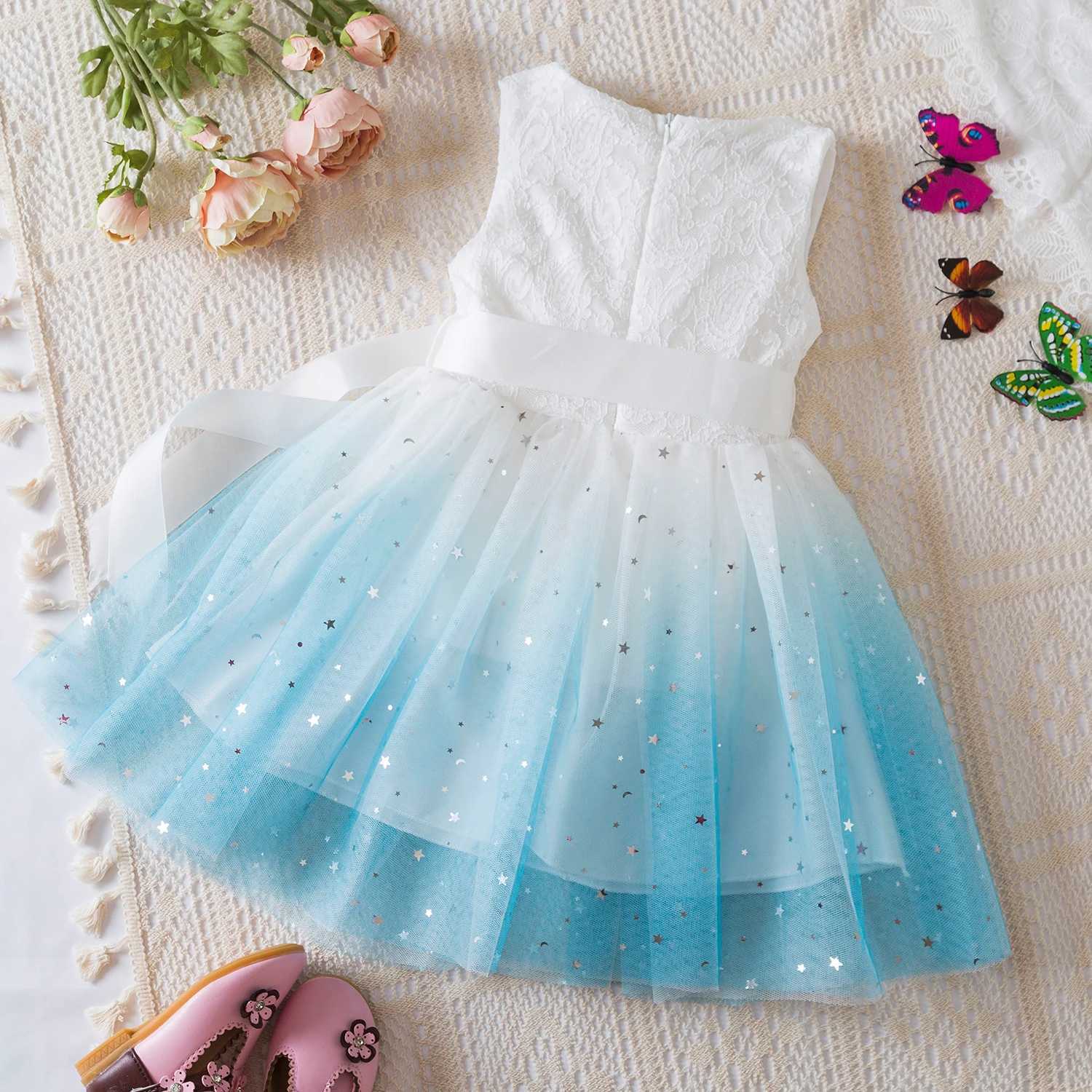 White lace summer dress girls short sleeved childrens birthday princess costume Tutu wedding dress floral girls dress 3-8 years old W250111