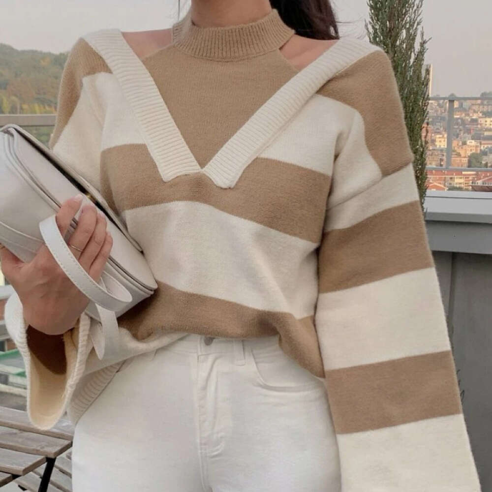 Striped soft sticky for women with a niche design, autumn and winter new loose off shoulder knitted sweater dongdumaoyi