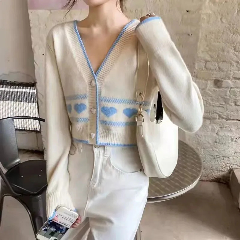 MEXZT Sweet Knitted Cardigan Women Korean Fashion Heart Button V Neck Print Sweater Coat Y2K Cute Loose Long Sleeve Crop Top 240809
