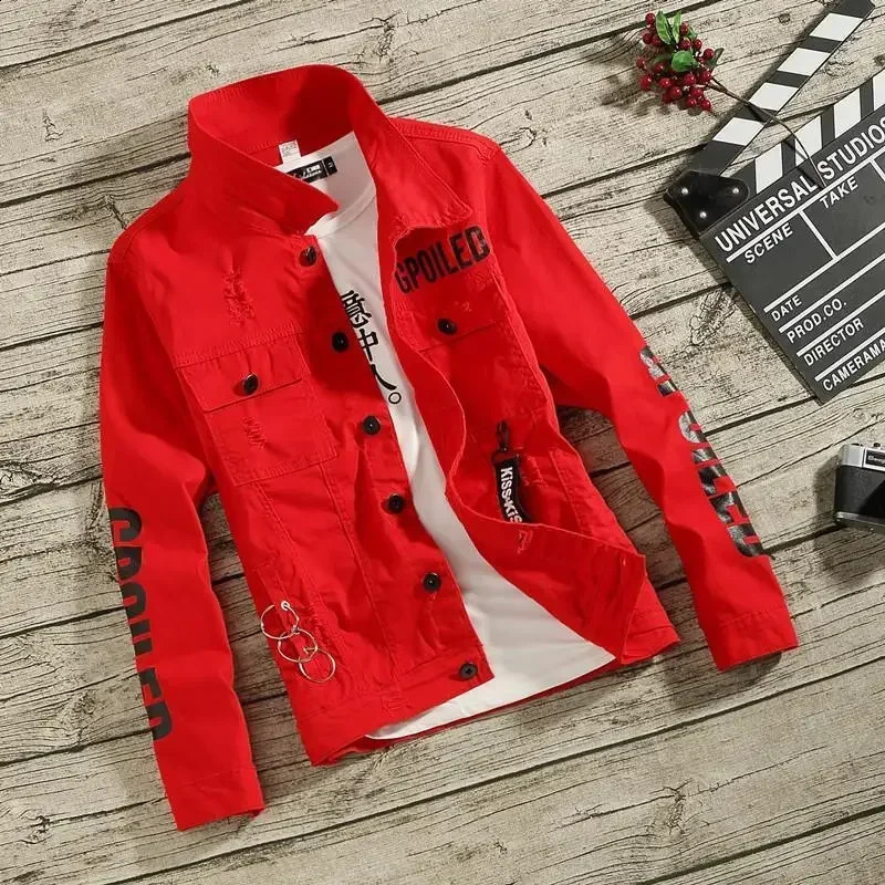 Denim Jackets Man Punk Ripped Jeans Coat for Men Slim Fit with Print Hole Winter Price Stylish on Board Fast Delvery 240816