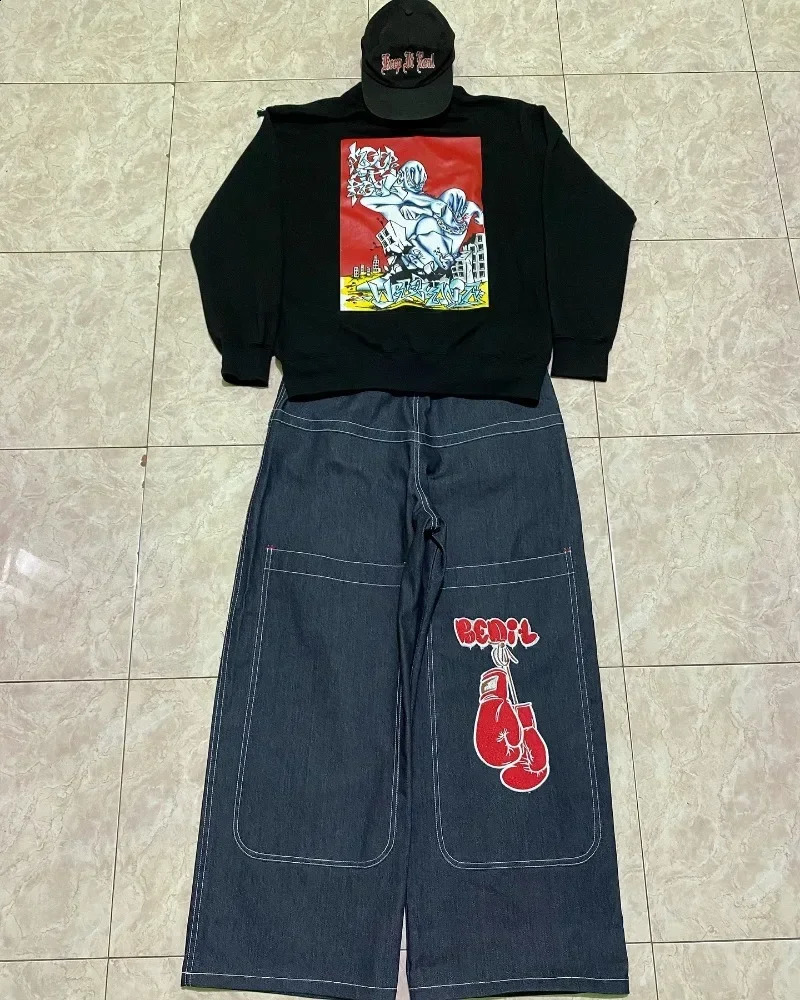 Y2K JNCO high quality Embroidered Hip Hop baggy jeans Tribal Jeans Gothic Streetwear Harajuku Black Pants Waist Wide Leg Trouser 240809