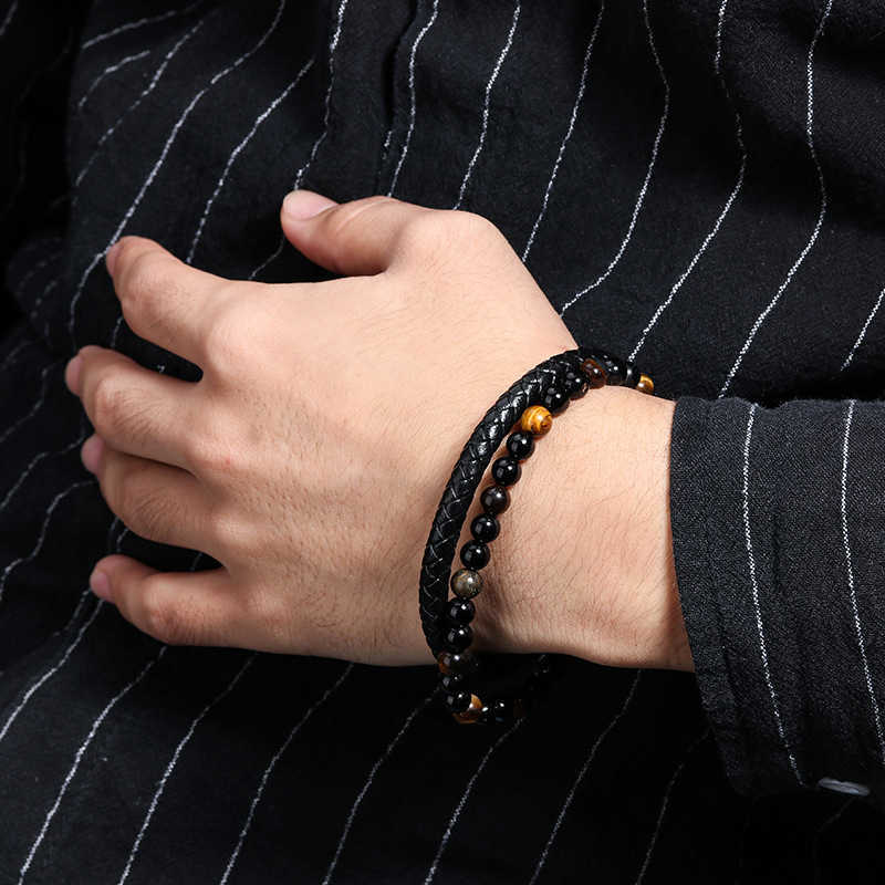 Charm Bracelets Volcanic tiger Eyes beaded natural stone bracelet men's cowhide rope bracelet string European and American style hand ornaments Y
