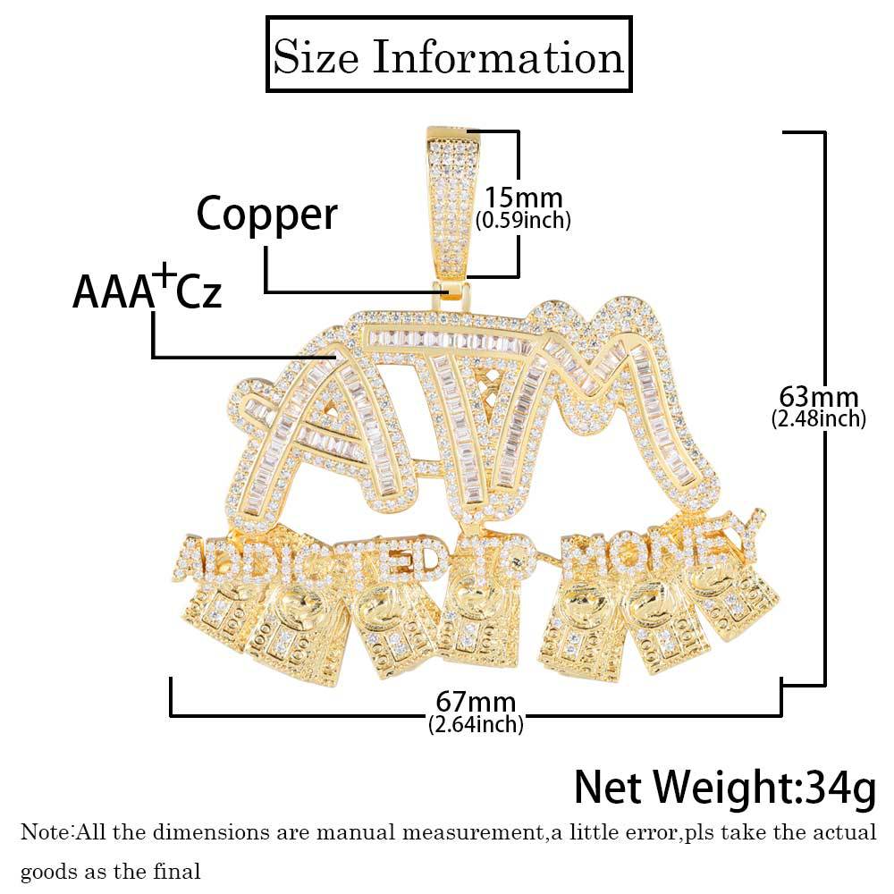 Charm ATM Dollar Letters Pendants Necklace 18K Gold Plated Men T Zircon Rap Jewelry