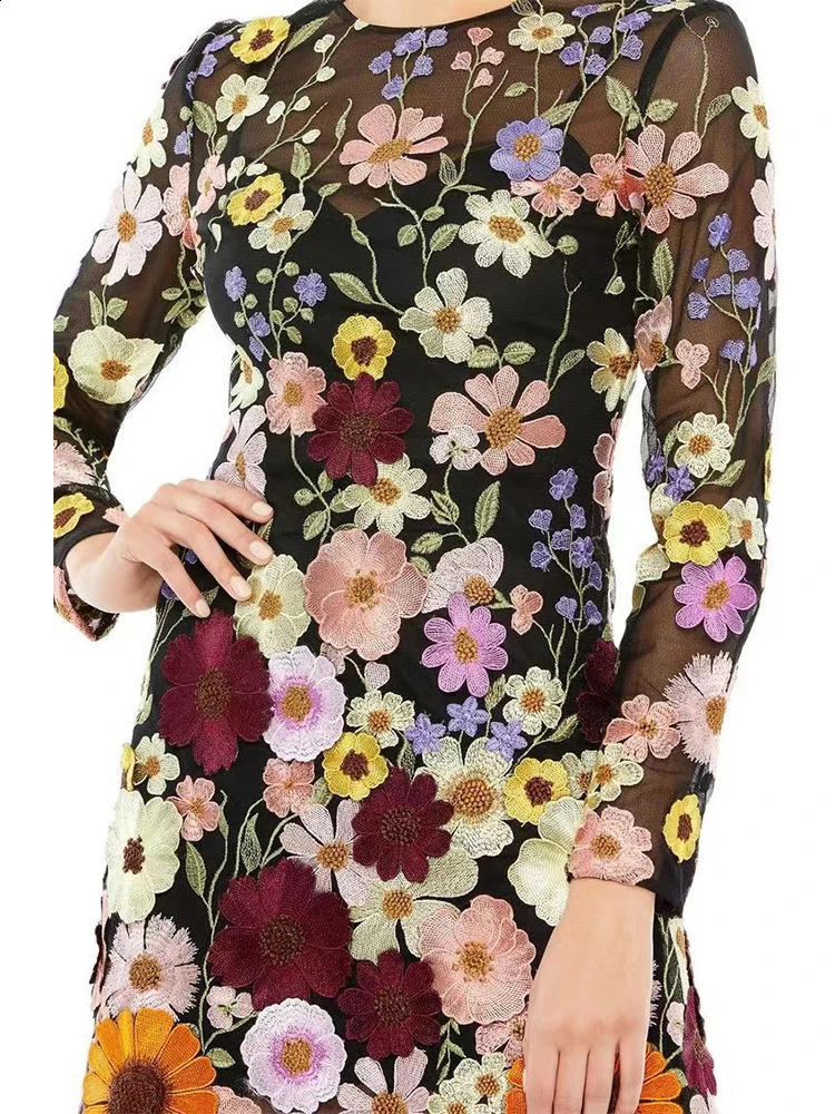 Eshin Floral Dress Women Autumn Embroidery 3D Flowers Long Sleeve Evening Party Lady Mini Dresses Half High Collar TH7796 240810