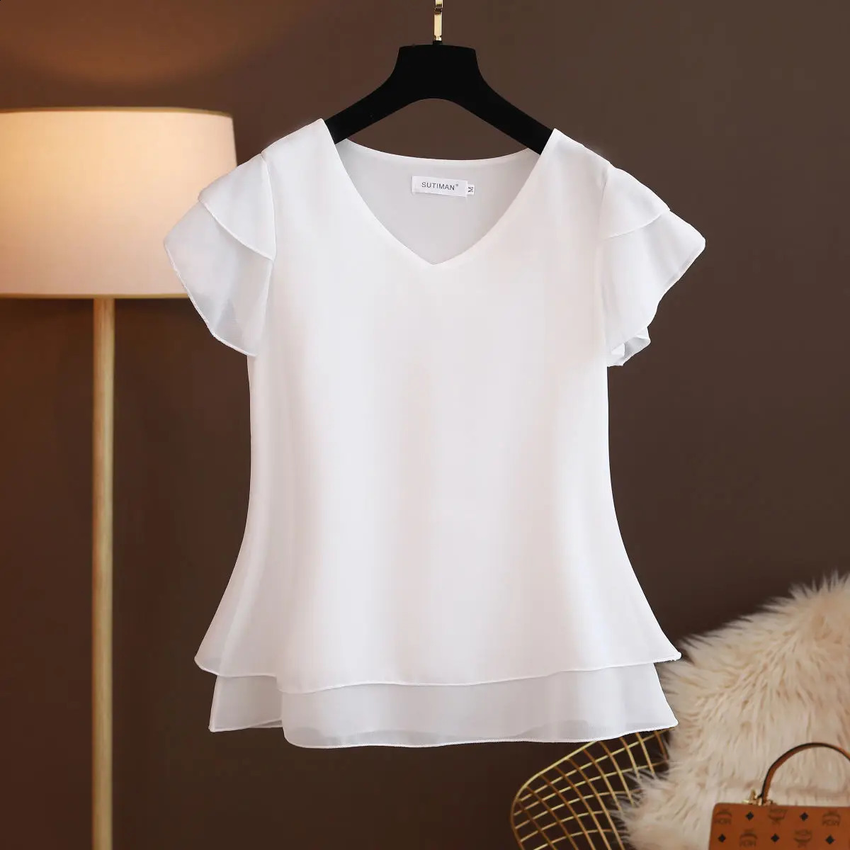 2024 Summer Womens Vneck Chiffon Shirt Loose Short sleeved Oversized Top Blusas Mujer De 240809