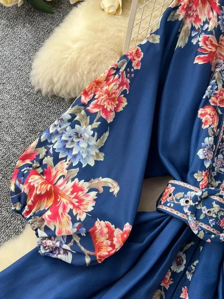 Autumn Floral Short Cotton Linen Dress Women V Neck Long Lantern Sleeve Single Breasted Belt Beach Mini Print Vestidos 240810