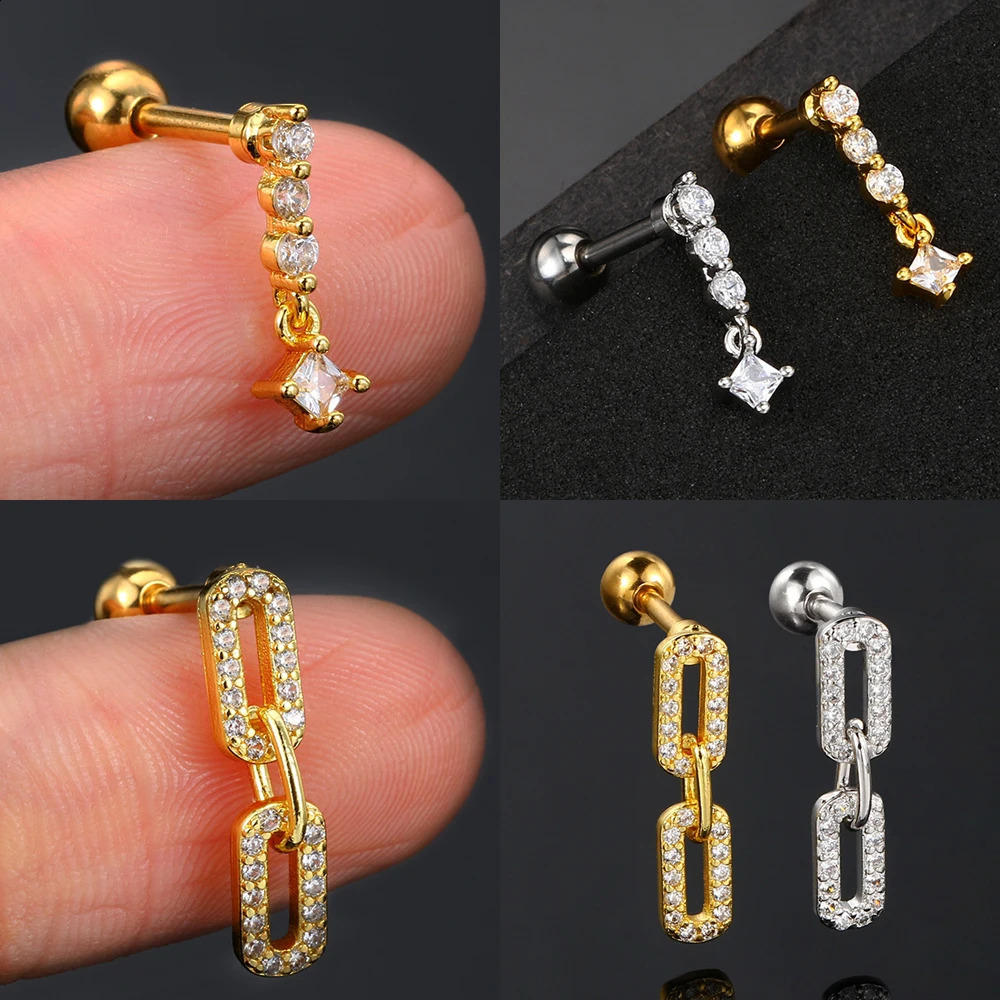 1pc Tragus Rook Piercing Earring Zircon Flower Dangle Chain Stud Helix Lobe Ear Cartilage Accessories Gold Color Women Jewelry 240807