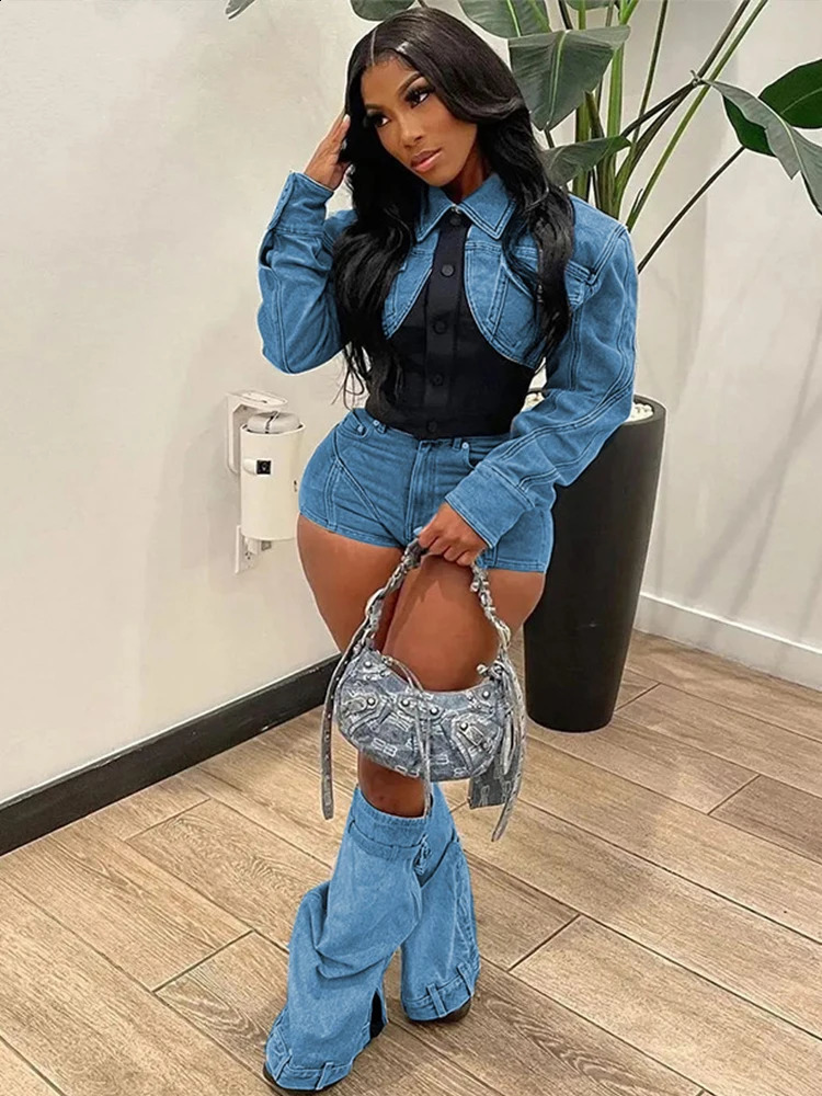 Sets for Women 2 Pieces Autumn Stretchy Denim Set Long Sleeve Top and Shorts Sexy Y2k Outfits Set Bulk Wholesale 240810