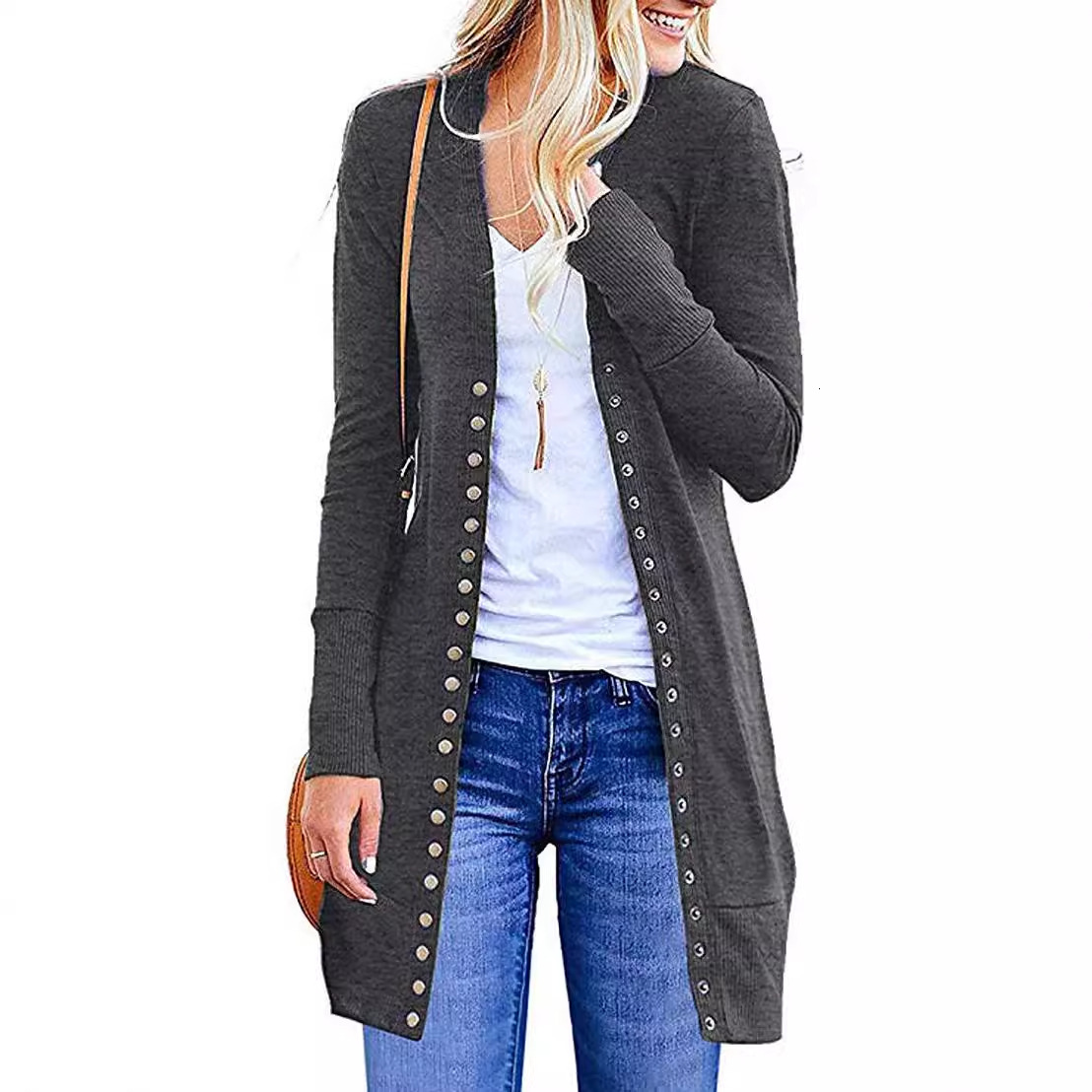 Autumn Winter Womens Sweater New Sweater Womens Solid Color Autumn Winter Button Long Cardigan