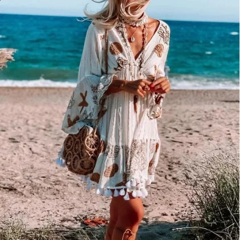 Women starfish flower print long sleeve v-neck beach Bohemian dress tassel mini Boho dress vestidos 240810