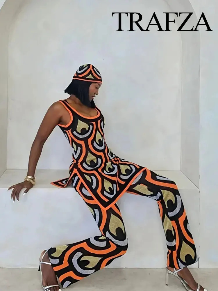 TRAFZA 2024 Spring 2piece Womens Knitted Printed High Waist Slimming Mini DressElastic Straight Wide Pants 240809